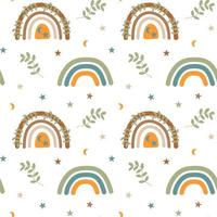 Boho rainbows, twig, star and moon seamless pattern. Scandinavian design background. vector