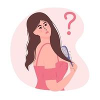 hermosa mujer se peina y sufre de pérdida de cabello. cuidado del cabello, alopecia, problemas de cabello, concepto de calvicie. vector