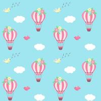 Hot air balloon with flowers, clouds and cute birds seamless pattern. vector