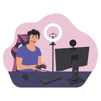 streamer jugando un videojuego en línea en la computadora y grabando video con una cámara web y un micrófono. vector