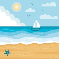 Seascape with sailboat and tropical beach with starfish. Paradise nature vacation, ocean or sea seashore. vector