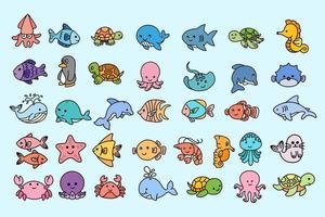 conjunto mega colección paquete lindo animal mar peces océano dibujos animados peces mar animal doodle clipart para niños y niños ilustración vector