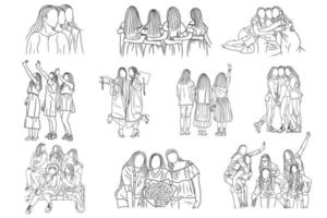 Set Mega Bundle Collection of Line Art Happy Women Girl Friendship Best friends illustration vector