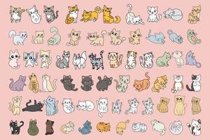 Set Mega Collection Bundle of Cute Cats Kitty Cartoon Animal Pet Character Happy Doodle Clipart flat art illustration vector