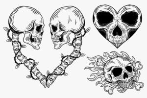 Set Dark illustration Skull Head Bones Hand drawn Hatching Outline Style for Tattoo Merchandise T-shirt Merch vintage