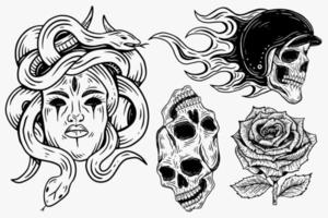 Set Dark illustration Skull Head Bones Hand drawn Hatching Outline Style for Tattoo Merchandise T-shirt Merch vintage vector