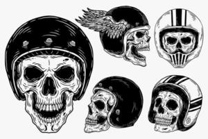 Set Skull Rider Helmet Dark illustration Skull Bones Head Hand drawn Hatching Outline Symbol Tattoo Merchandise T-shirt Merch vintage vector