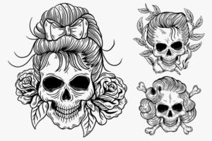 Set Dark illustration Skull Head Bones Hand drawn Hatching Outline Style for Tattoo Merchandise T-shirt Merch vintage vector