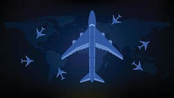 fondo azul abstracto de la vista superior de carga del avión con mapa mundial