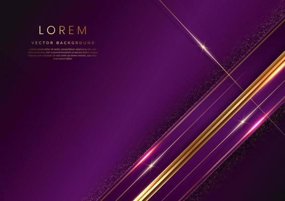 Abstract luxury violet geometric diagonal overlay layer background with golden lines.