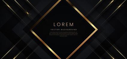 Abstract 3D black luxury geometric diagonal overlapping shiny black background with lines golden glowing with copy space for text. vector