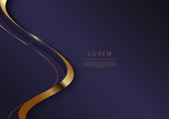 Luxury concept template 3d purple curve shape on violet elegangt background and golden ribbon line with copy space for text.