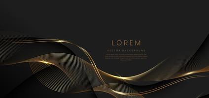 Abstract 3d black background with gold lines curved wavy sparkle with copy space for text. Luxury style template design. vector