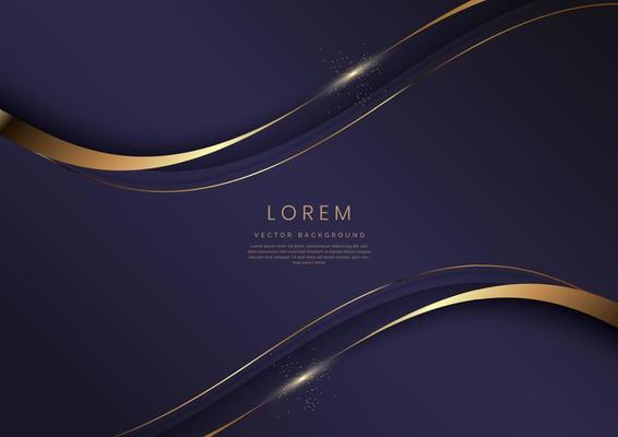 Luxury concept template 3d purple curve shape on violet elegangt background and golden ribbon line with copy space for text.