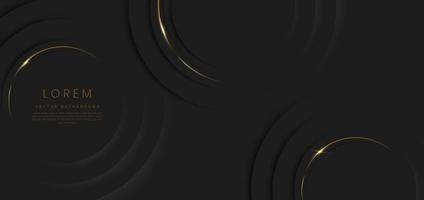 fondo de capa de círculos negros 3d abstractos con líneas doradas brillo curvo con espacio de copia para texto. diseño de plantilla de estilo de lujo. vector