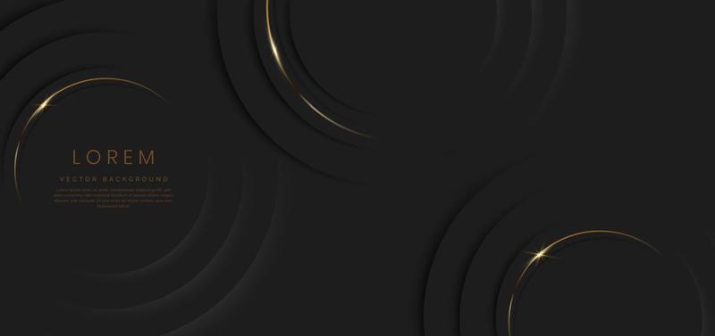 Abstract 3d black circles layer background with gold lines curved  sparkle with copy space for text. Luxury style template design.