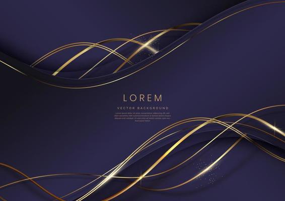 Luxury concept template 3d purple curve shape on violet elegangt background and golden ribbon line with copy space for text.