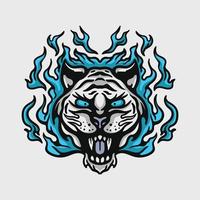 ilustración de una cabeza de tigre blanco con llamas azules vector