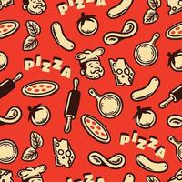 pizza ingredients pattern in vintage style with red background vector