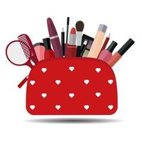 Red cosmetic bag with makeup on white background