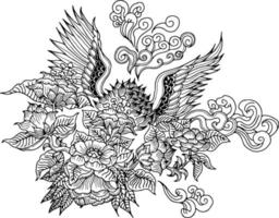 Design Vector coloring outline Flower and Wings for adult and kid. Line art design coloring page.