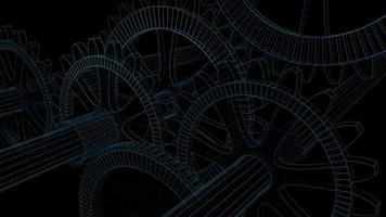 Nahaufnahme einer Gruppe von Metallzahnrädern, die in blauen Linien gezeichnet sind und sich koordiniert drehen. 3D-Animation