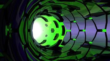 Reflective tunnel with a hexagonal structure that is being built against a green background. 3D Animation video