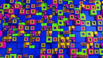 pared formada por cubos azules, rosas, verdes y amarillos de diferentes tamaños dispuestos aleatoriamente moviéndose de un lado a otro. Animación 3D video