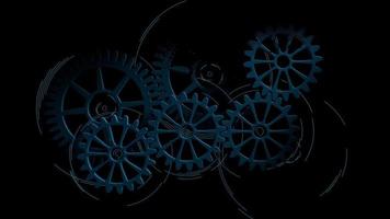 Group of blue gears appear to rotate with blue motion lines on a black background. 3D Animation video