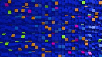 parede composta de cubos azuis com alguns rostos amarelos, verdes e rosa girando aleatoriamente. ilustração 3D