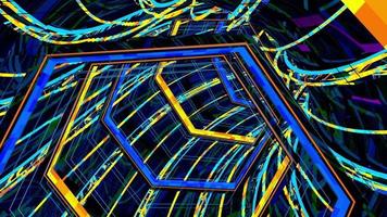 Futuristic curved tunnel with dark hexagonal structure with lines of blue and yellow lights on black reflective background. 3D Animation video