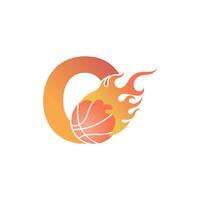 letra o con pelota de baloncesto en la ilustración de fuego vector