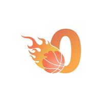 número cero con pelota de baloncesto en la ilustración de fuego vector