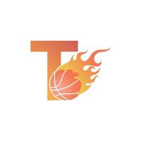 letra t con pelota de baloncesto en llamas ilustración vector