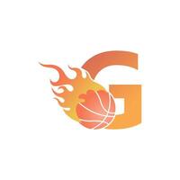 letra g con pelota de baloncesto en la ilustración de fuego vector