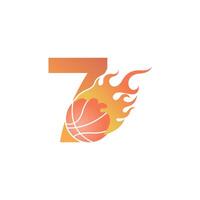 número 7 con pelota de baloncesto en la ilustración de fuego vector