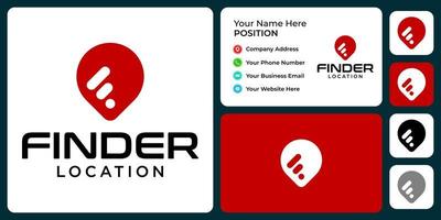 Letter F monogram location logo design with business card template. vector