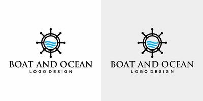 diseño simplista del logotipo del barco y el océano con fondo blanco y negro. vector