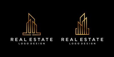 Simplistic building shape logo design with luxurious gold color. vector