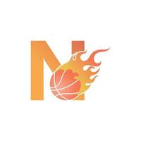 Letter N with basketball ball on fire illustration