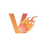 Letter V with basketball ball on fire illustration vector