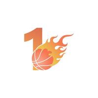 número 1 con pelota de baloncesto en la ilustración de fuego vector