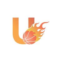 Letter U with basketball ball on fire illustration vector