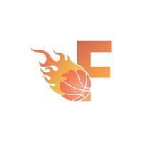 letra f con pelota de baloncesto en la ilustración de fuego vector