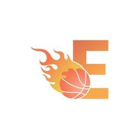 Letter E with basketball ball on fire illustration vector