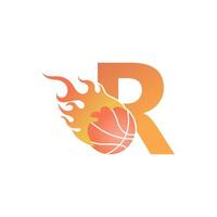 Letter R with basketball ball on fire illustration vector