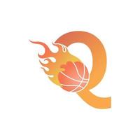 Letter Q with basketball ball on fire illustration vector