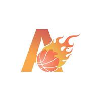 Letter A with basketball ball on fire illustration vector