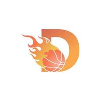 Letter D with basketball ball on fire illustration vector