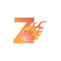 letra z con pelota de baloncesto en la ilustración de fuego vector